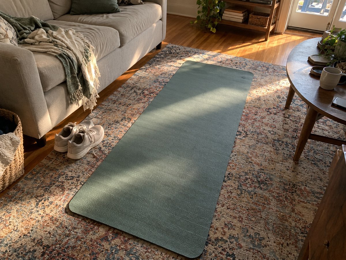 Green exercise mat rolled out on a patterned rug in a living room, with trainers beside it